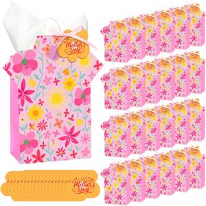 Kolldenn 24 Pcs Mother's Day Gift Bags with Tissue, Floral Happy Mothers Day Treat Bags with Handle for Mom's Birthday Gift Wrapping Supplies for Mother Party Decorations