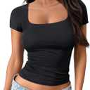 Trendy Queen Double Lined Short Sleeve Tshirts for Women Square Neck Cute Crop Top Spring Summer Basic Tees Workout Going Out (Medium, Black)