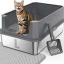 FURTIME Stainless Steel Litter Box with Lid, Large Metal Cat Litter Box for Big Cat, Large Cat Box High Sided with Non-Stick, Odor-Resistant, Anti-Urine Leakage, Easy Cleaning, Includes Scoop and Mat (Grey)