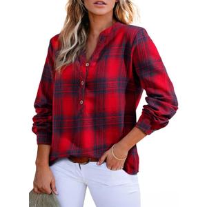 Astylish Women's V Neck Plaid Shirts Flannel Casual Blouses Button-Down Business Boho Tops Long Sleeve 2025 Fall Outfits (Large, Red)