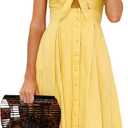 ECOWISH Women 2026 Summer Dresses Tie Front V-Neck Spaghetti Strap Button Down A-Line Backless Swing Midi Dress, Small