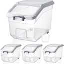 Sunnyray 4 Pcs Rice Storage Container 22 lb Airtight Flour Container with Wheels Measuring Cup Clear Pet Food Cube Dog Cat Birds Food Bin Grain Cereal Organizer Box for Dry Baking Supplies(White Lid)