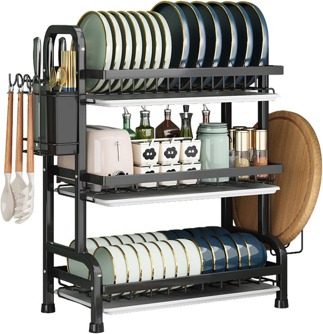 KUK 3 Tier Dish Drying Rack, Stainless Steel Over The Sink Dish with Drain Tray, Kitchen Dishes Drying Racks, Dish Racks for Kitchen Counter Storage (Black)