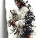 Jesus and Lamb Canvas Wall Art Jesus and the Wolf Poster Print Christian Wall Decor Picture for Living Room Church Home Decoration Prepare to hang (12x16, White)