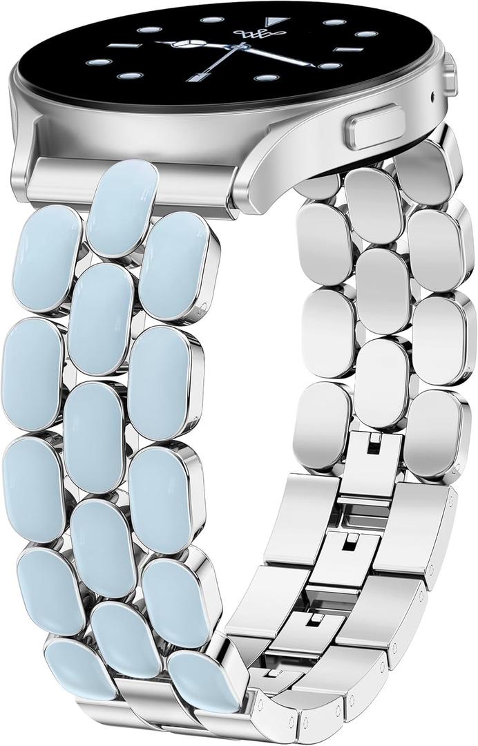 Wearlizer Metal Bracelet Compatible with Samsung Galaxy Watch 7 Band 6 5 4 Active 2 FE 40mm 44mm/Watch 6 4 Classic/5 Pro/3, 20mm Enamel Dressy Stainless Steel Strap for Samsung Watch Bands Women (Silver/Light Blue)