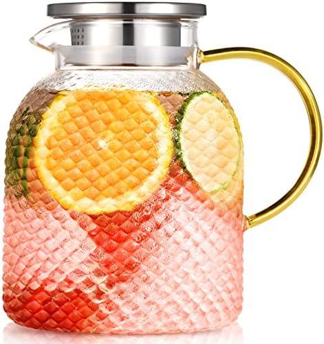 Glass Pitcher, ZBUFAN 60oz Water Pitcher with Lid and Spout, 1.8L Beverage Pitchers for Fridge, Glass Jug for Iced Tea, Juice, Lemonade, Carafe with Brush