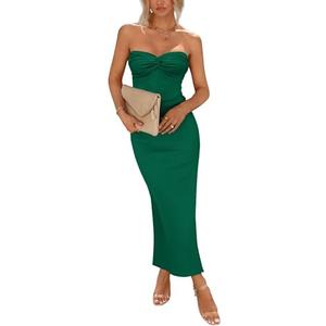 PRETTYGARDEN Women's 2026 Summer Bodycon Maxi Dress Strapless Tube Twist Knot Front Ribbed Knit Slit Cocktail Party Dresses, Small