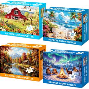 4-Pack 100 Piece Puzzle, Four Seasons Scenery 100 Piece Puzzles for Adults Seniors, Nature Landscape Large Piece Jigsaw Puzzles for Seniors Adults Educational Jigsaw Puzzles 100 Pieces (15x10 in)