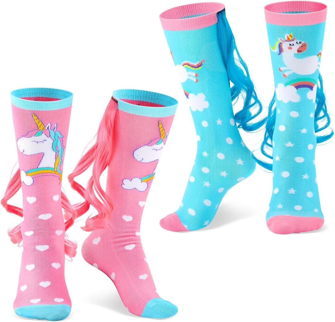 Tarpop 2 Pairs Fun Silly Wacky High Socks Compression Unicorn Mermaid Socks with Wigs Novelty Crazy Funny Gift for Kids Woman(Heart2, Large)