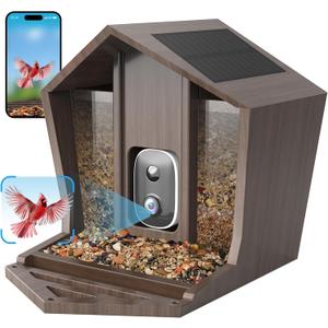Smart Bird Feeder with Camera Solar Powered, 2.5K HD Free AI Identifies 12000+ Birds, Auto Motion Detection, Waterproof Wooden Video Bird Feeder Camera Live, Good Gift (WiFi)