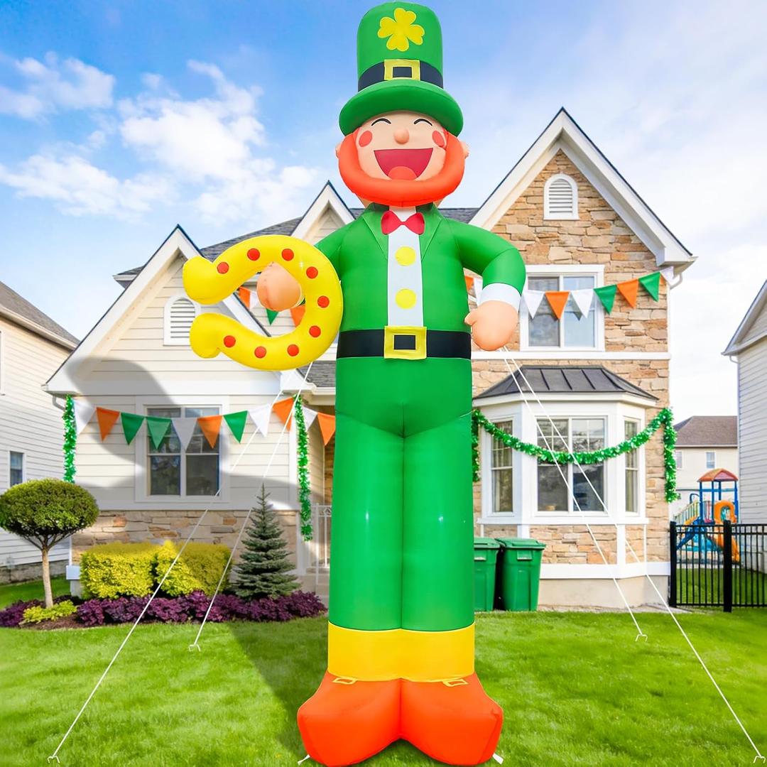 12Ft Giant St Patricks Day Inflatable Leprechaun with Horseshoes St Patricks Blow Up Inflatable Yard Decorations St Patricks Day Blow Up for Outdoor Garden Lawn Party(with Drawstring Bag)