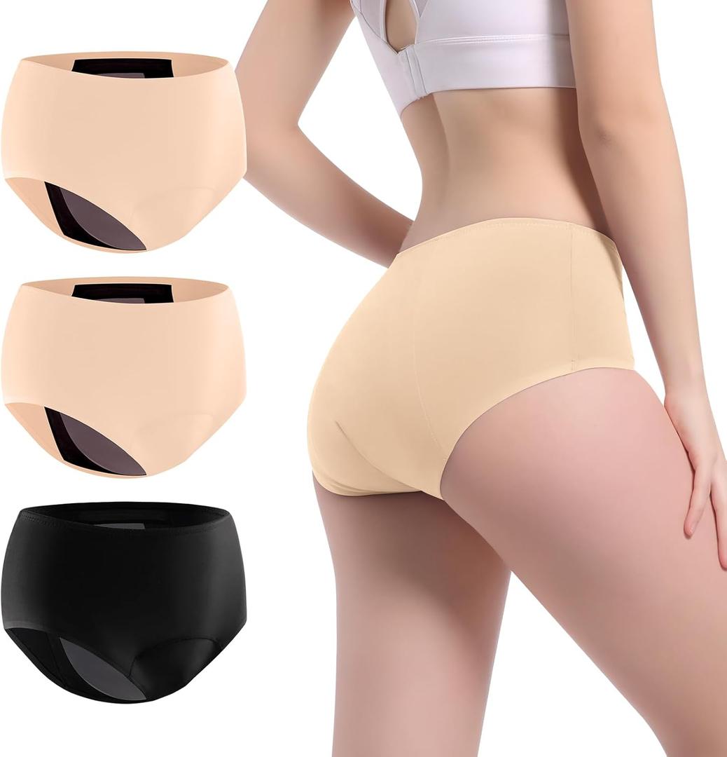 Incontinence Underwear for Women Washable Leak Proof for Women 5oz High Absorbent Womens Incontinence Panties for Bladder Leakage Protective Panties 3pk-L (Black/Beige/Beige)