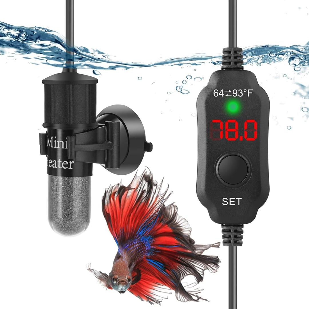 FUMAK Super Mini Aquarium Heater 10W Betta Heater for 12 Gallon Tanks, Small Fish Tank Heater Turtle Heater with DryRun/Overheat Protection, Memory Function
