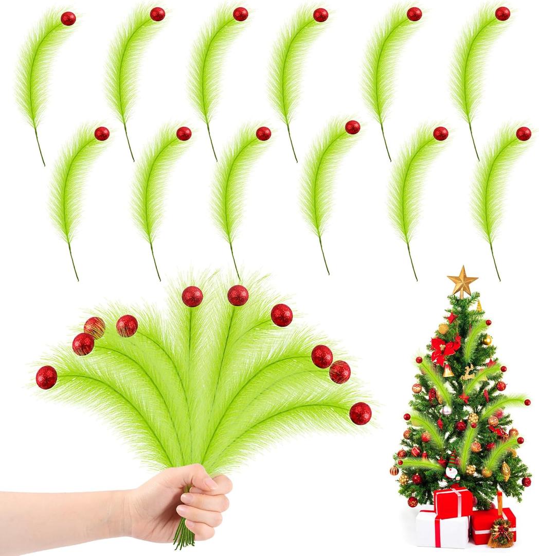 2 x 12 Pcs Green Furry Christmas Tree Picks, 17 Inch Christmas Tree Topper Decorations, Red Green Tree Ornaments for Christmas Picks Furry, Suitable for Indoor Christmas Home Wreath Decorations