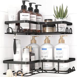 Corner Shower Caddy - 2 Pack, Adhesive Shower Organizers, Rustproof Stainless Steel Shower Shelves with 8 Hooks, No Drilling Bathroom Organizers and Storage Racks, Space-Saving, Black,Medium
