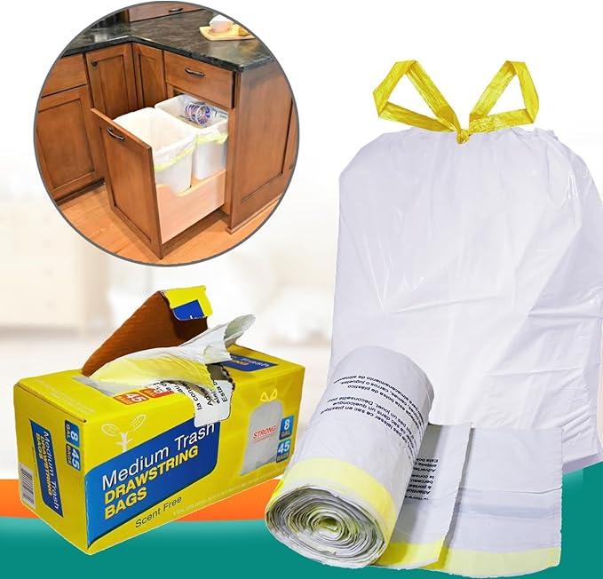 0.8 Mil Ultra Strong 8 Gallon Drawstring Trash Bags, Medium Garbage bags for Bathroom, Bedroom, Office, White