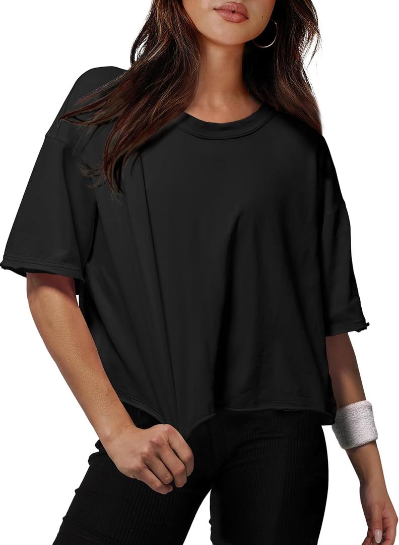 XIEERDUO Cotton Tshirts for Women Drop Shoulder Round Neck Oversized Crop Tops Workout Tops Tees (Medium, A Black)