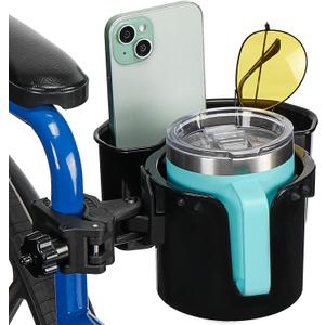 JOYTUTUS Wheelchair Cup Holder, 2-in-1 Walker Cup Holder with 6.4'' Large Storage Box, Drink Holder for Bottle with Handle, Fit for Wheelchair, Walker, Rollator, Stroller, Camper, Golf cart (Large)