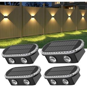 Ellasay Fence Lights Solar Powered: Outdoor LED Wall Lighting Dual Beam and 3 Color Modes IP65 Waterproof 12H Long Lasting Easy Mount for Garden Patio Backyard 4 Pack