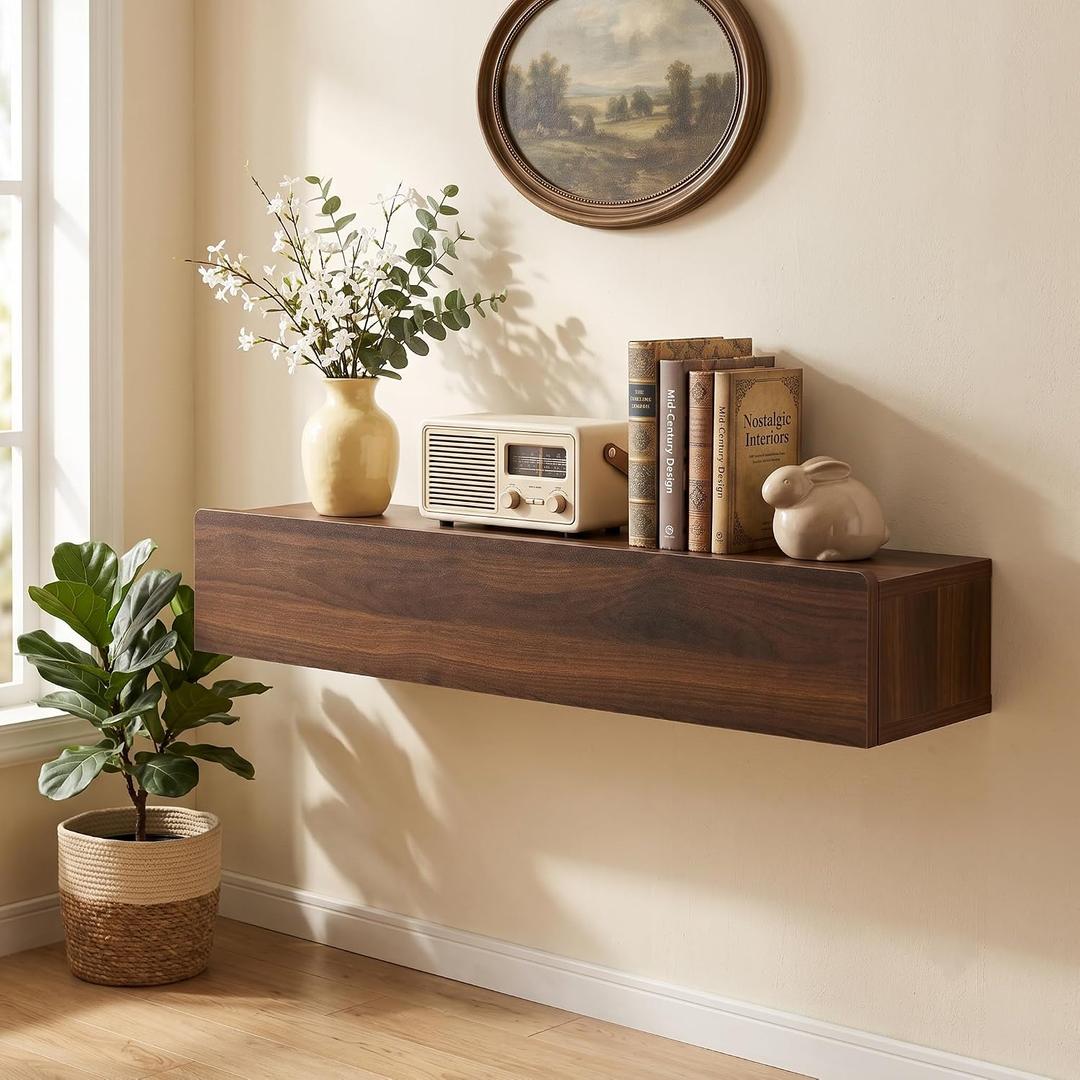 31.5'' Floating Console Table, Wooden Wall Mounted Entryway Table with Storage, Narrow Modern Hallway Table for Entryway & Front Hall - Walnut, 31.5" L x 6.0" W x 5.5" H