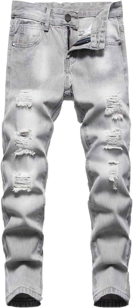 AOWKULAE Boy's Skinny Fit Ripped Destroyed Distressed Stretch Slim Jeans Pants (124/Gray)
