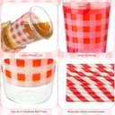 50 Set 16 oz Red U-gingham Gingham Cups Plastic Party Checkered Cups Red Plaid Drinking Cup Disposable Gingham Cup with Lids and Paper Straws for BBQ Wedding Birthday Pizza Party Supplies
