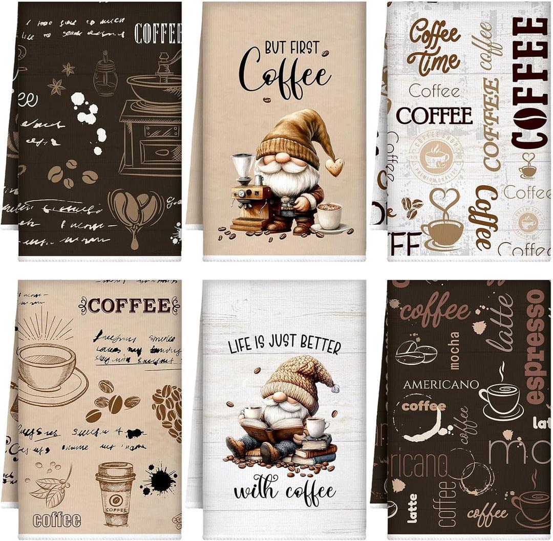 Ferraycle 6 Pcs Coffee Kitchen Towels, Absorbent Dish Towels 24 x 16 Inches, Dish Cloths, Kitchen Decorative Hand Cloths, Gifts for Cooking Baking Bathroom Bar Farmhouse(White and Brown,Coffee Theme)