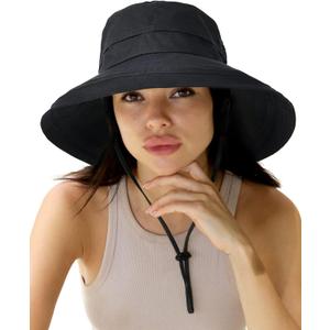 Sun Hats for Women Gardening Hat Wide Brim Ponytail Beach Sun Protection Breathable Cotton Summer Hat with Fold-Up Brim (Medium-Large, Black)