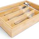 Smart Design Expandable Bamboo Cutlery Tray - Non-Slip Lining and Feet - Utensils, Flatware, Office, Personal Care, or Makeup Storage