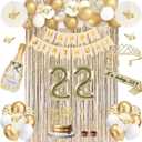 22nd Birthday Decorations, Champagne Gold Happy 22 Birthday Decorations with Sash and Crown, Banner, Fringe Curtains, Hanging Paper Fans, 22 Year Old Gifts