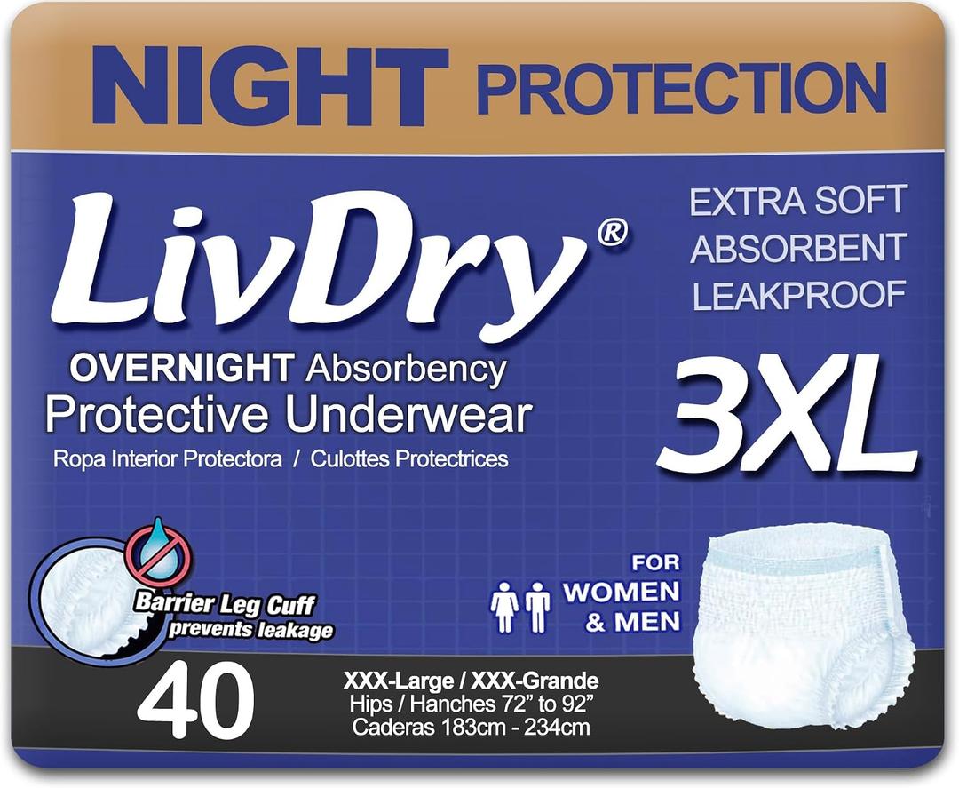 LivDry 3XL Overnight Adult Diapers for Women and Men, XXXL Incontinence Underwear, 72-92" Waist, Disposable Pull-On Briefs, XXX-Large, 40 Count