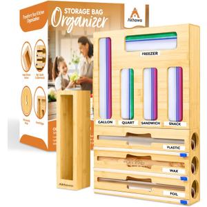 Storage Bag Organizer for Kitchen Drawer and Wall - 9 in 1 Baggie Organizer for Foil and Plastic Wrap with Cutter - Measure Drawer Height Before Purchasing