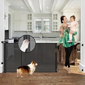 Reinforced 60" Wide Retractable Baby Gates with Upgraded Rods - Bottom Anti-Escape, 5 ft Mesh Baby Gate Retractable Dog Gate Indoor Pet Gate Retractable Stair Gate Outdoor Retractable Gate, Black