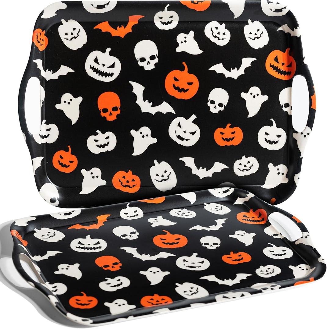Oasis Choice Halloween Serving Tray Set, 18" Handled Tray Bamboo Set of 2 for Entertaining, Durable & Dishwasher Safe, with Cute Ghost Pumpkin Patterns Serving Trays for BBQ, Party, Turkey & Cheese