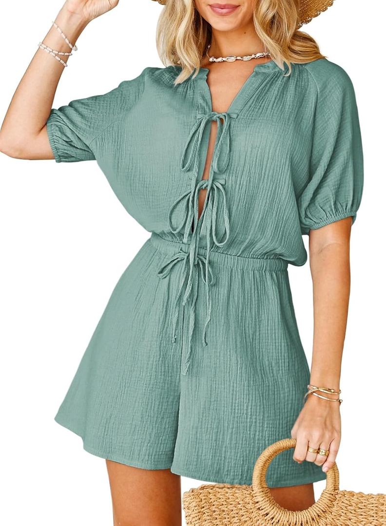 Fixmatti Women's Short Sleeve Romper V Neck Self Tie Loose Mini Jumpsuits Celadon M