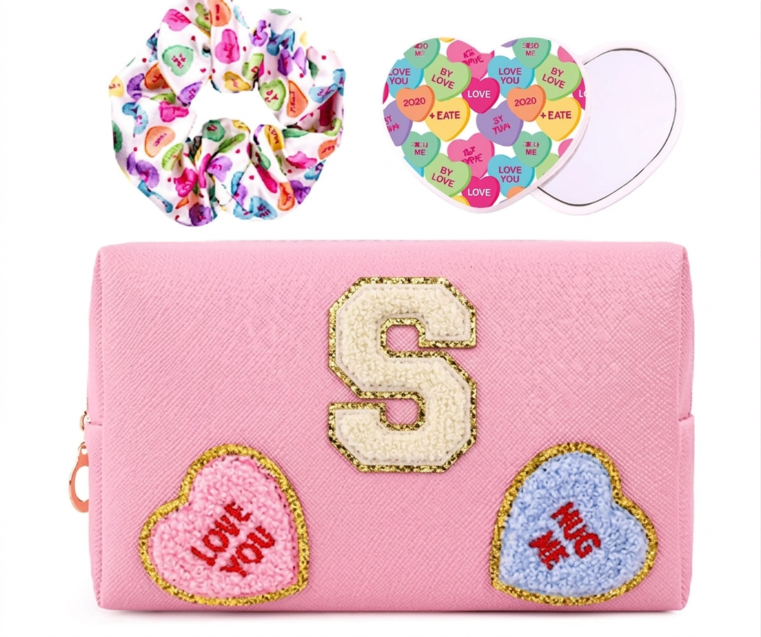 Initial Makeup Bag with Mirror & Hair Scrunchies, Personalized Monogram Custom Cosmetic Bag Travel Toiletry Pouch, Birthday Gifts for Her Women Bridesmaid Teacher (S), 2 Pack