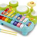Fisca 3 in 1 Musical Instruments Toys, Electronic Piano Keyboard Xylophone Drum Set - Learning Toys with Lights for Baby & Toddler 1 2 3 Year Old Boys and Girls