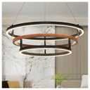 Three-Ring 24-inch Black Vintage Wood-Grain Farmhouse LED Chandelier with Remote Control and dimmable Brightness, Suitable for Dining Room, Kitchen, and Living Room. (black-24)