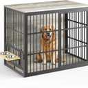 Lyromix 48'' XXL Dog Crate Furniture with Rotating Feeder, Large Wooden Crate End Table, Heavy Duty Indoor Kennel Cage for Medium to Large Dogs, Grey