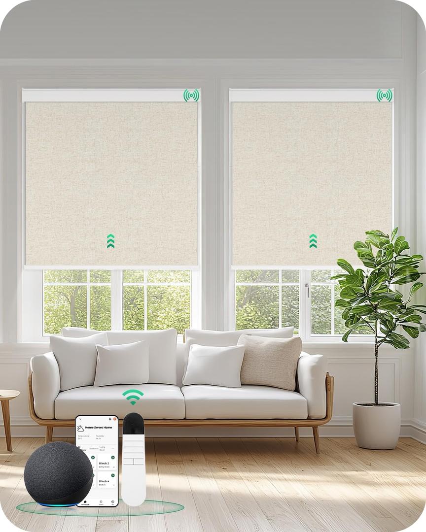 Allesin Motorized Blinds with Remote Smart Blackout Roller Shades | All-in-One & Ultra-Quiet Automatic Electric Power Blinds for Home Office, Sand-Linen 22x72
