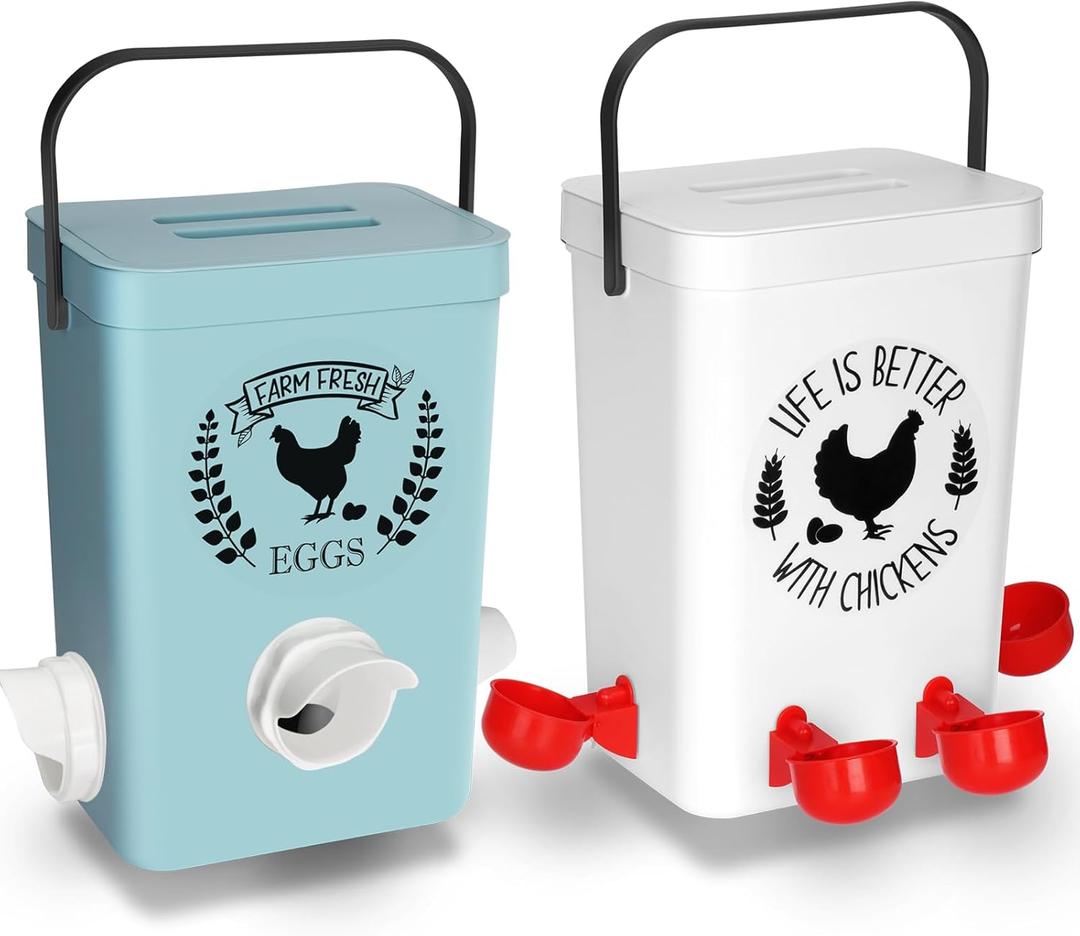 Chicken Feeder and Chicken Waterer Set (3 Gallon/26 Pounds) - Hanging Automatic Chicken Feeder No Waste - Chicken Coop Accessories - Poultry Waterer