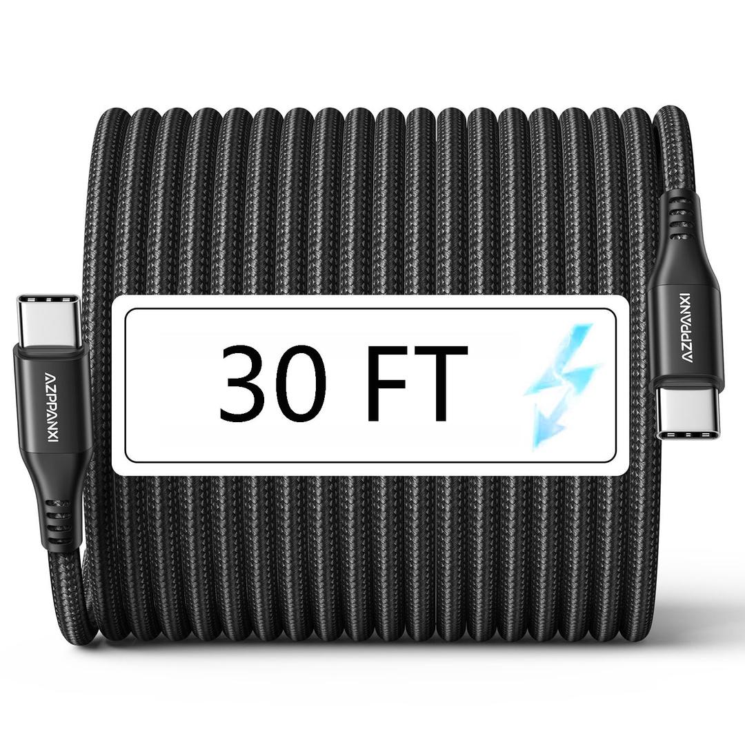30FT USB C to USB C Cable 60W, Extra Long Type-C to Type-C Cable Charger Cord, Premium Nylon Braided C to C Fast Charging for USBC Phone/Tablet and Other USB-C Devices