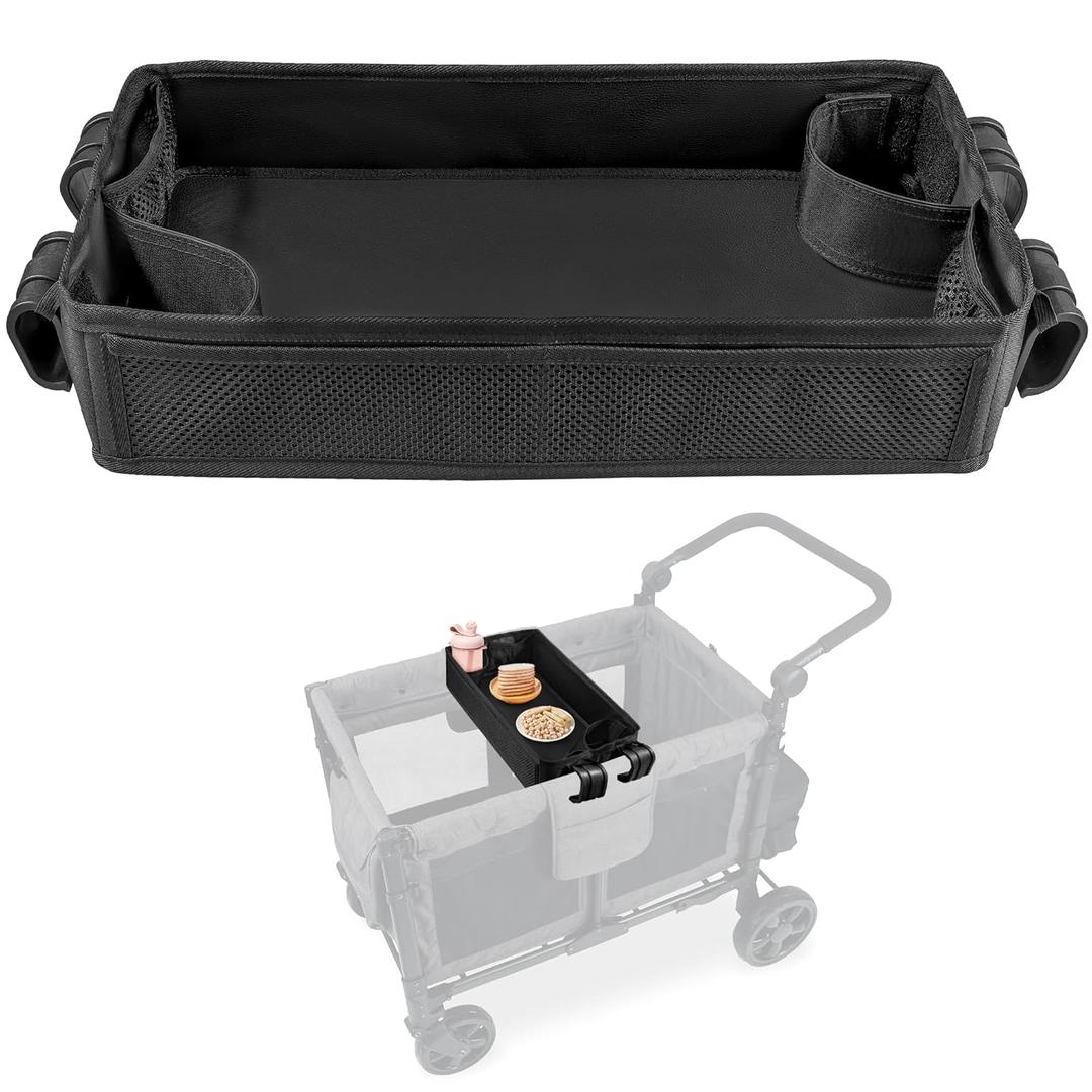 Stroller Snacks Tray for Wonderfold Wagon W4, Double Sided Bottom Padding - Storage Mesh Pockets - 2 Kids Cup Holders, Faux Leather Polyester Side Easy to Clean for Eating & Activities (W4 Series)