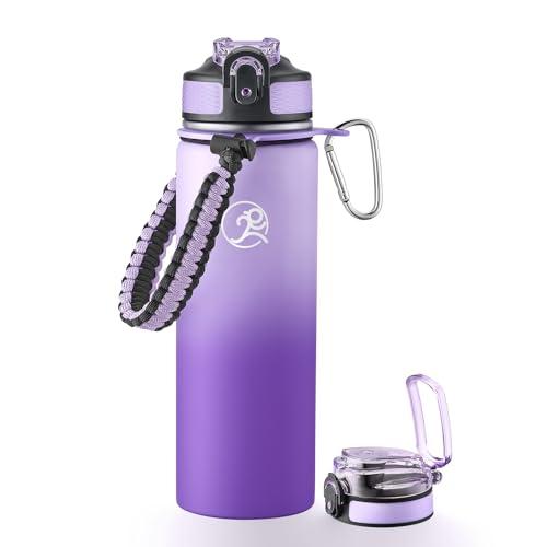 GOSWAG Insulated Sports Water Bottle, 24oz 2 Lids(with Straw/No Straw), Stainless Steel Water Bottles with Paracord Handle, Insulated Bottle with Double-Wall Vacuum Insulation