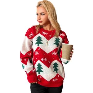 Honwenle Ugly Christmas Sweater for Women 2025 Funny Cute Christmas Tree Reindeer Xmas Knitted Pullover - Gifts for Christmas (Red, L)