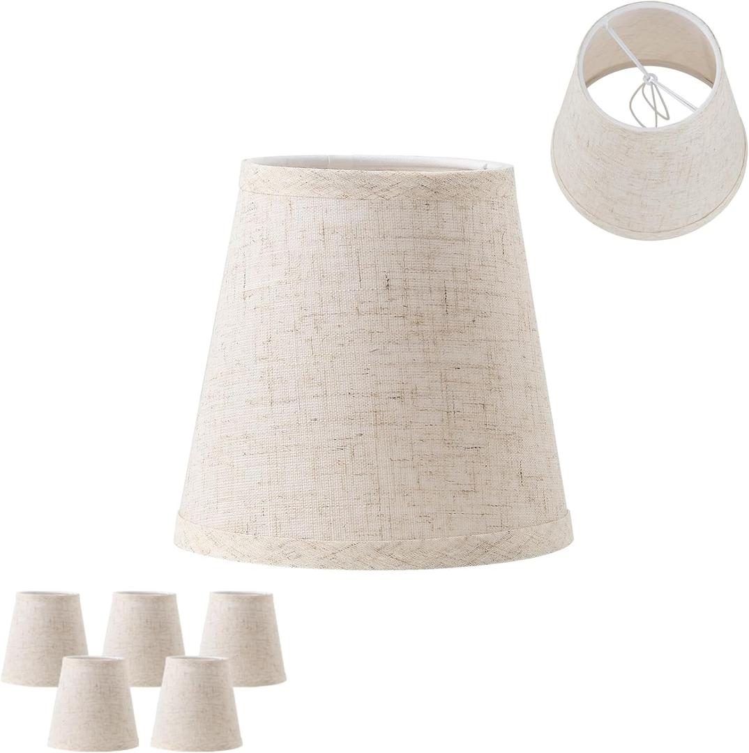 5 Pack Beige Chandelier Shades, 4" Top x 6" Bottom x 6" High Barrel Lamp Shade, 4.0x6.0x6.0 Inch Linen Fabric, Perfect Fit for 5-Light Pendant Light Wall Sconce, Clip On Bulb E12 Socket(Large Size)