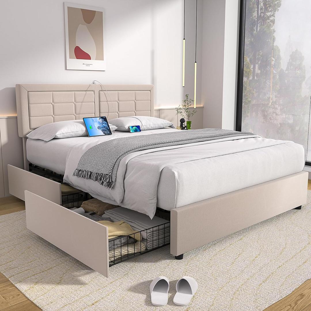 VECELO Queen Size Bed Frame with 4 Drawers, Adjustable Tufted Button Headboard, Upholstered Platform with Wood Slats Support, Built-in USB and Type C Ports, Beige