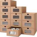 12 Pack Shoe Storage Bins, Waterproof Storage Boxes, Shoe Containers For Sneaker Display, Hat Organizer, Stack-able Cardboard Boxes, with Marking Labels, Transparent Window(13.2'' x 8.3'' x 5.1'')