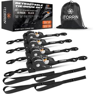 Retractable Ratchet Straps(4 PK)- 1 Inch x 10 Feet (1,650lb Break Strength)-Self Retracting Tie Down Straps for Motorcycle, ATV, Truck, Cargo, Appliance & More -Black + 4 PK Soft Loops
