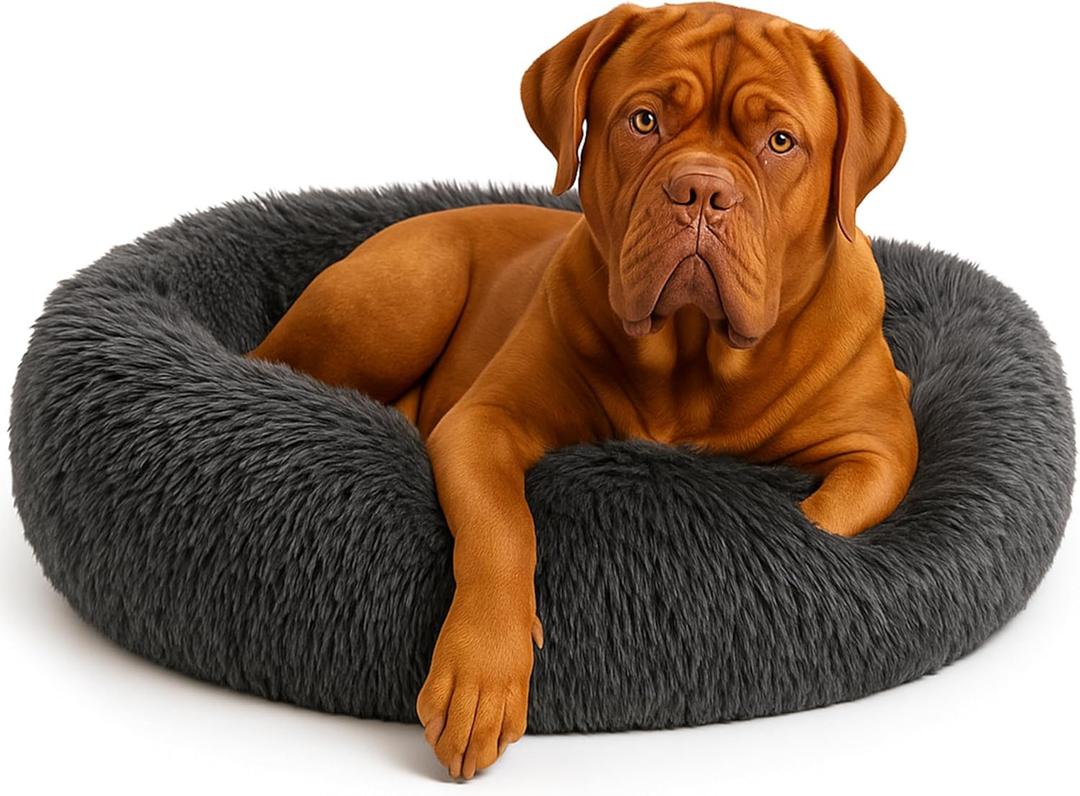 Calming Dog Bed - Fluffy Donut Cuddler for Anxiety Relief, Orthopedic Pet Bed with Non-Slip Bottom, Cozy Round Faux Fur Nest for Dogs and Cats, Plush Crate Mat for Comfort (Dark Grey, X-Large)